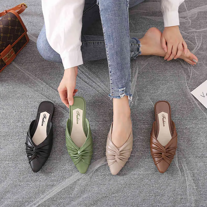 Women's Sandals 2021 Folded Baotou Half Drag Pointed Toe Women Fashion Sandals and Slippers Women Shoes Bottoms Womens Slippers Y0406