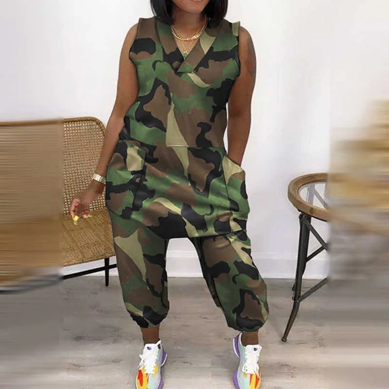 Frauen Mode Lässig Ärmellose Overalls Overalls V-ausschnitt Tasche Design Camouflage Print Overall 210716