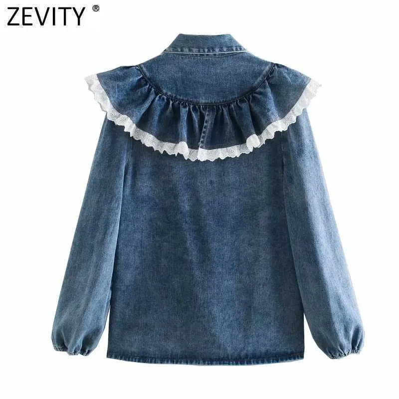 Zevity Women Sweet Lace Patchwork Ruffles Denim Smock Blouse Office Ladies Slå ner Krage Casual Shirt Chic Blusas Tops LS7440 210603