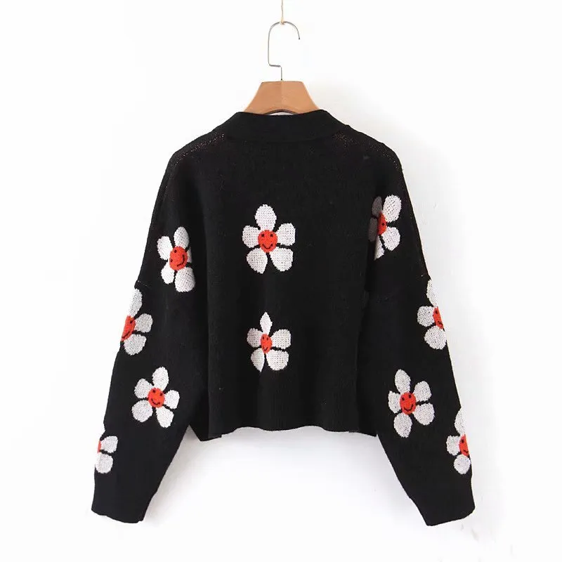 H.SA Arrivées d'hiver Femmes V Col Bouton Up Cardigans noirs Pull en cachemire doux manteau floral 210417