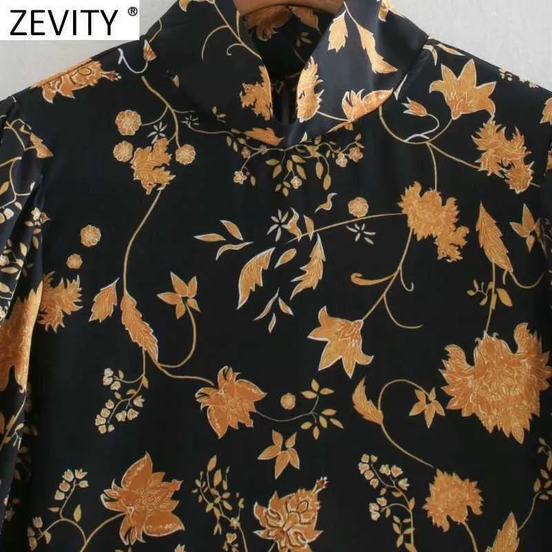 Zeefity Dames Vintage Stand Kraag Totem Bladeren Print Casual Court Dress Vrouwelijke plooien Puff Sleeve Chic Slanke Vestido Doek DS4901 210603