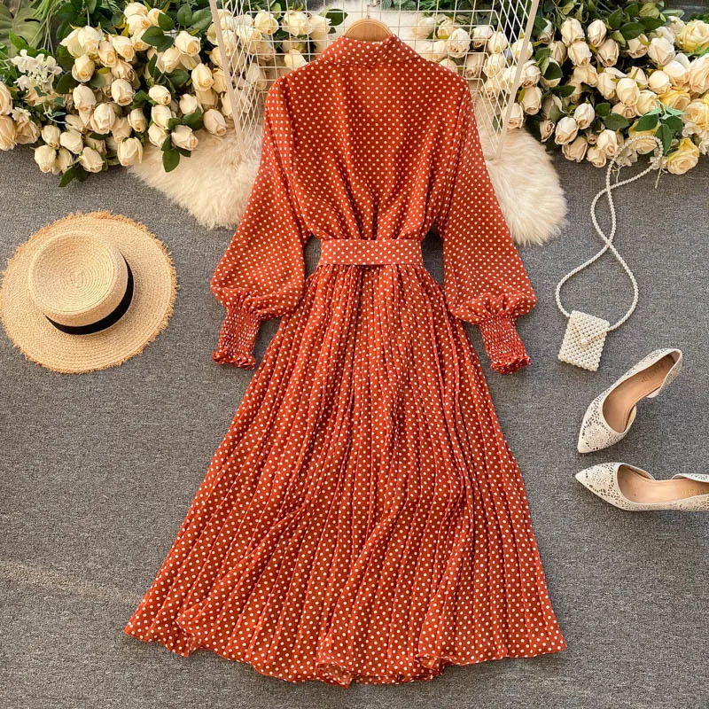 Lente en zomer Franse vintage maxi jurk sundress dames lange mouw oranje polka dot chiffon geplooide jurken femme robe 210514