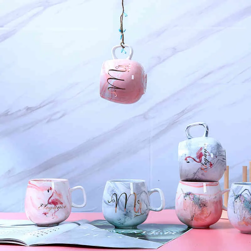 2 pièces Tasses à café Flamingo Tasse en céramique Mr Mrs Tasse de voyage Tasse de thé au lait 250 ml Cadeau de mariage de Noël Dropshipping 210409