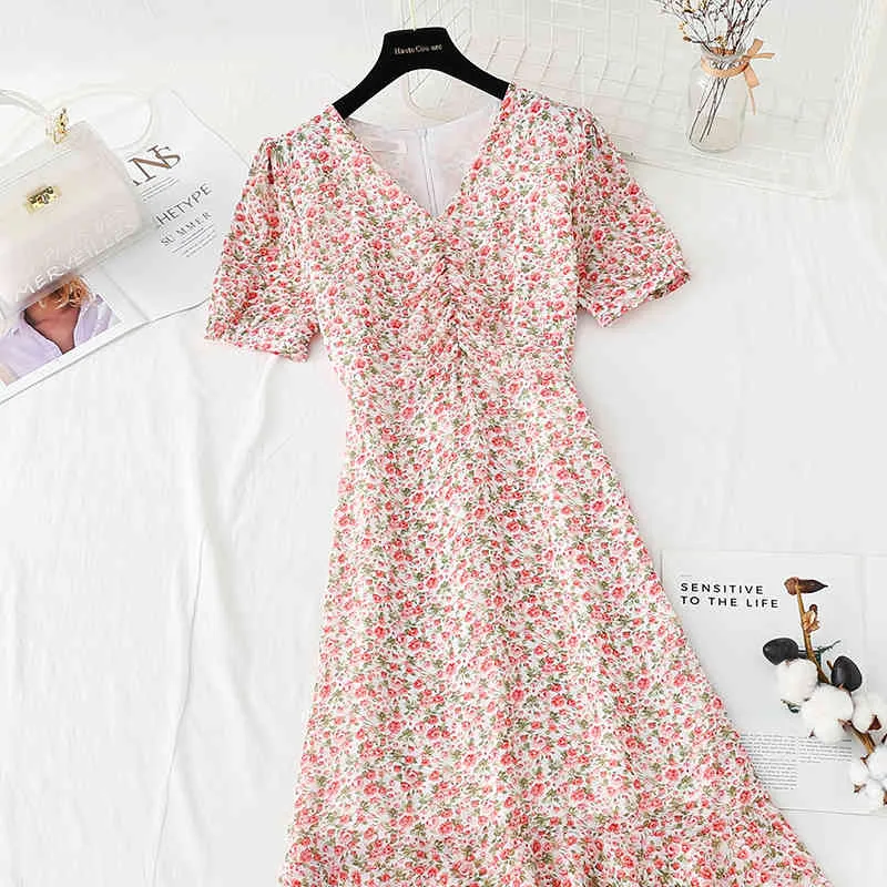 KIMUTOMO Elegante Floral Jurk V-hals Korte Bladerdeeg Mouw Zomer Chiffon Robe Vrouw Hoge Taille Afslanken MAXI Vestidos Casual 210521