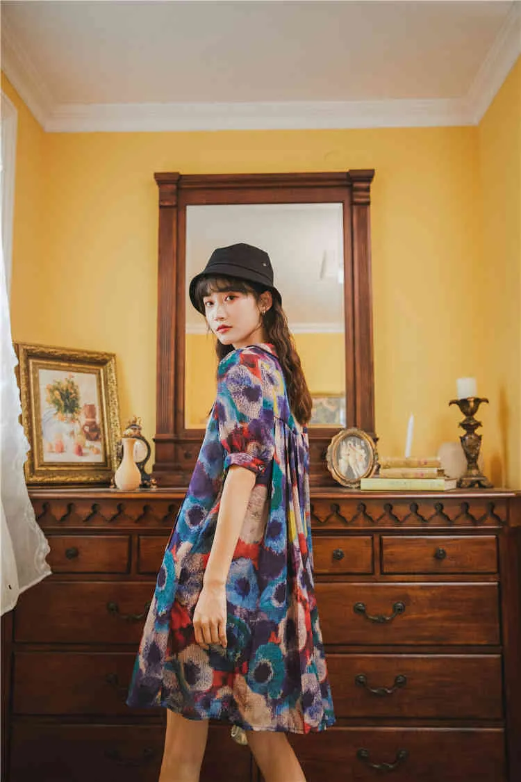 Mousseline de soie été imprimé fleuri chemise robe Womenn manches courtes bouton Up lâche col coréen Mini Vintage vêtements 210427