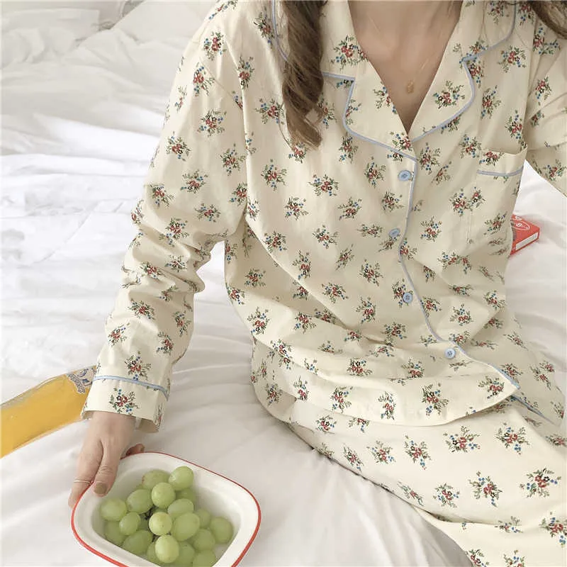 Manga comprida sleewear primavera floral impresso mulheres chique chique confortável algodão moda pijama fatos 210525