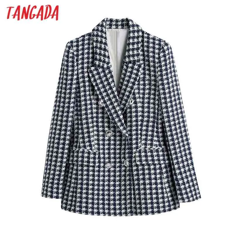 Femmes élégantes double boutonnage plaid tweed blazer manteau vintage manches longues poches bureau dame vêtements d'extérieur be613 210416