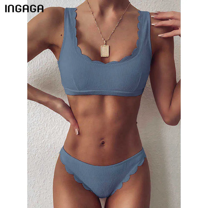 INGAGA Push Up Bikinis Trajes de baño Negro Traje de baño Mujer Festoneado Traje de baño Sólido Acanalado Biquini Bikini Set Bañistas 210629