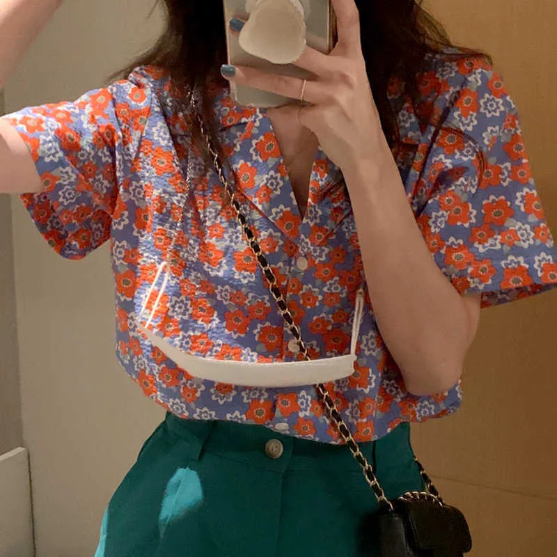 Korejpaa Women Shirt Summer Korean Chic French Retro Lapel Full Screen Flower Design Single-Breasted Short-Sleeved Blouses 210526