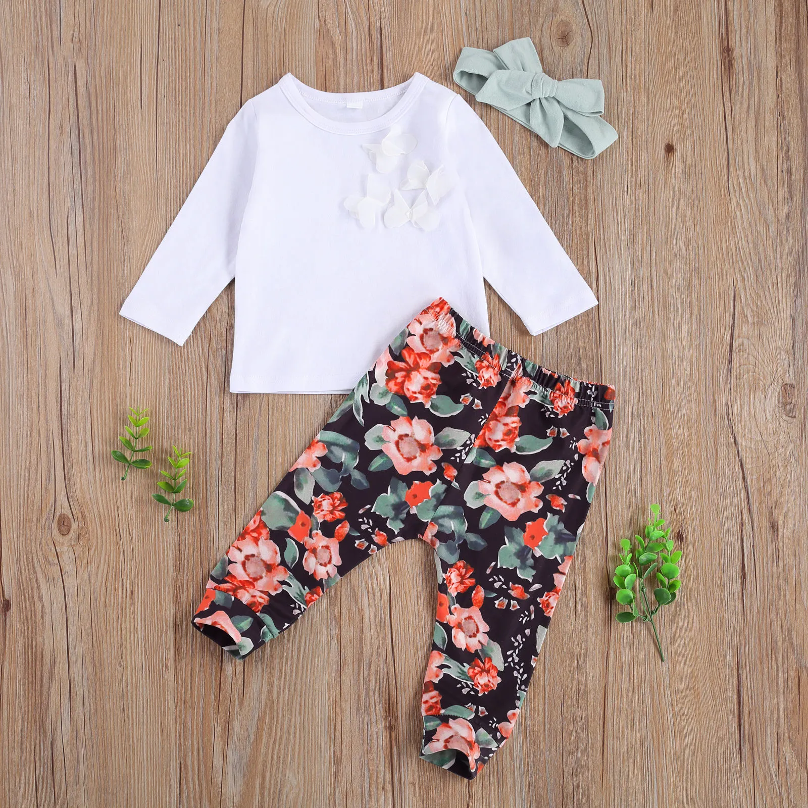 0-24m primavera outono nascido infantil bebê menina conjunto de laço floral manga comprida t camisa flor calças de flores 210515