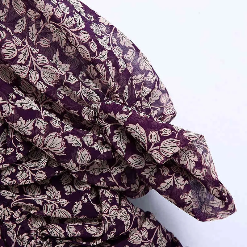 Mini abito pieghettato vintage da donna a maniche lunghe con stampa floreale con scollo a V in chiffon femminile elegante abiti da moda di strada abiti 210513