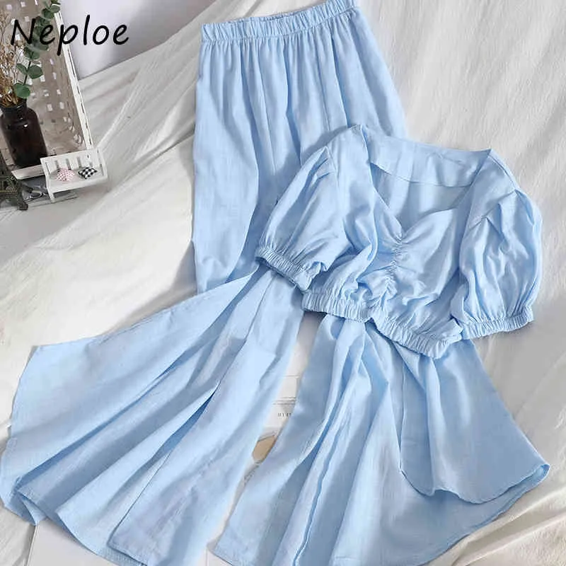 Neploe Mulicolor Slim Women Set V Neck Drawstring Short Sleeve Shirt + High Waist Hip Wide Leg Pants Suit Summer Ol Cloth 210423