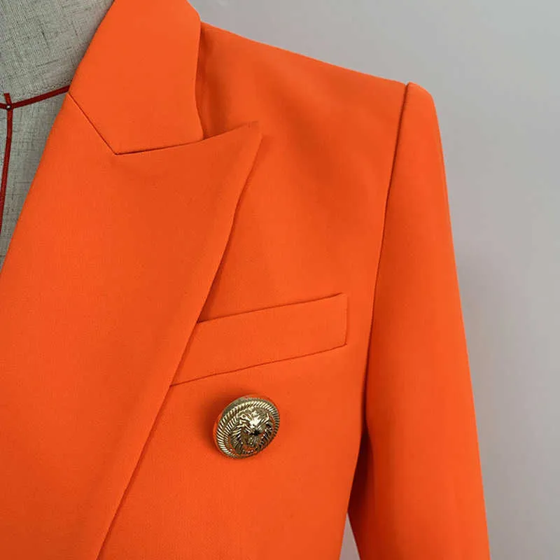 Hochwertiger Frauenjacke für Frauenanzug Orange Feminine Büro Herbst und Winter Schlanker Metall-Doppelbrustladies Blazer 210527