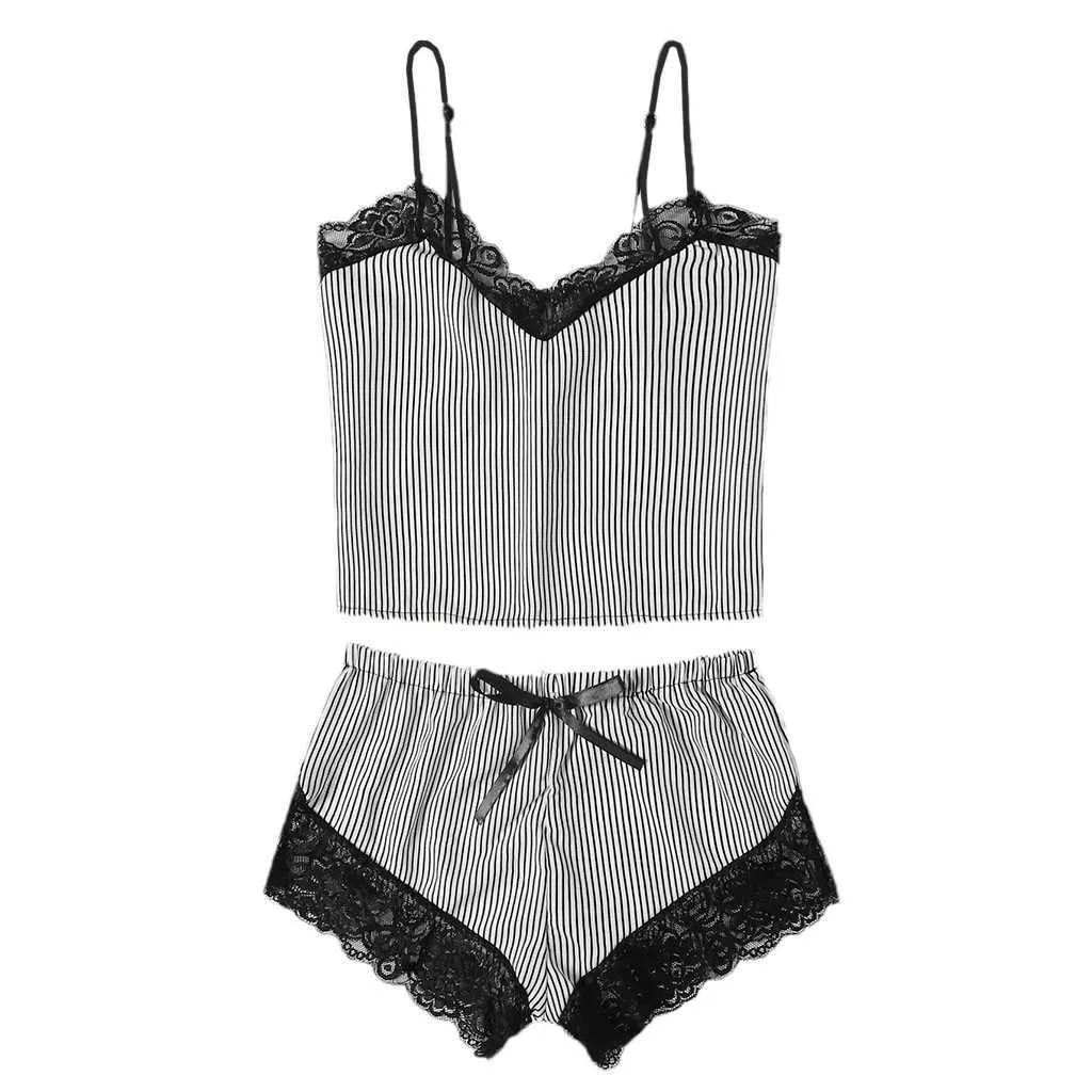 MIARHB Sexy Pajamas For Women Pyjamas Women Lace Camisole Striped Bowknot Shorts Set Sleepwear Pajamas Lingerie pijama Q0706