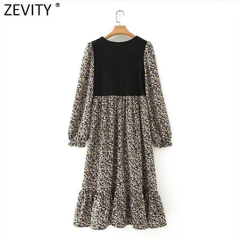 Zevity Femmes Vintage Col Carré Tricot Patchwork Imprimer Plis Robe Femme Manches Bouffantes Casual Midi Robes DS4648 210603