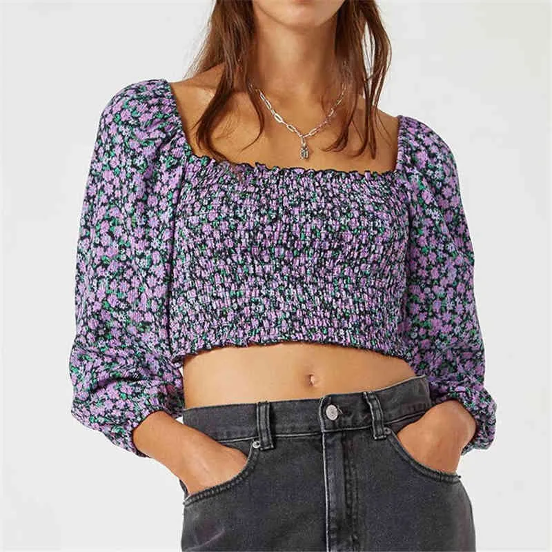 Mulheres Vintage Roxo Floral Impressão Camisa Moda Senhoras Elastic Curta Tops Elegante Feminino Streetwear Quadrado Colar Blusa 210427