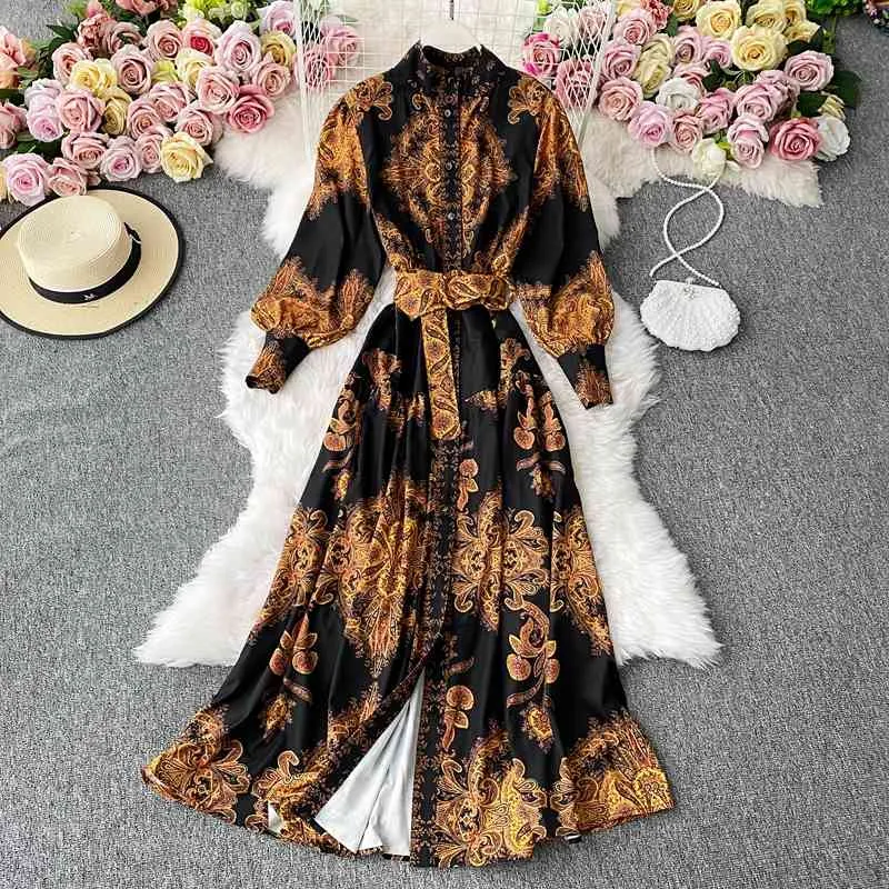 Jastie Outen Folk Retro Print Женская платье Стенд Воротник Фонарь Рукав Ретят Maxi Платья Boho Повседневная Пляж Длинные Vestidos 210419