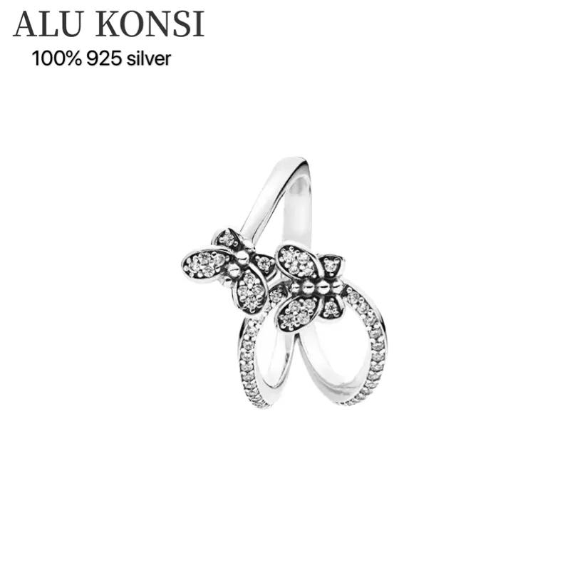 Dopasuj Oryginalny Prawdziwy 100% 925 Sterling Silver Pan Ring Butterfly i Kwiat Dla Kobiet Ślub Para Pierścienie DIY Biżuteria