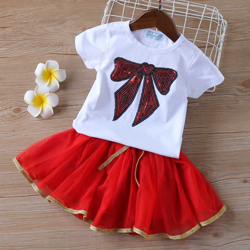 Girls definir roupas de verão top + saia toddler crianças bowknot impressão garoto menina 210528