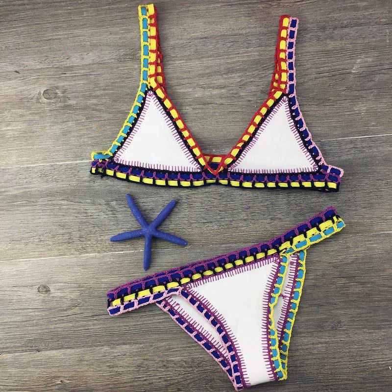 2021 Seksi Bikini Mayo Kadınlar Mayo El Tığ Bikini Set Mayo Kadın Halter Biquini Monokini Plaj Kıyafeti Y0820