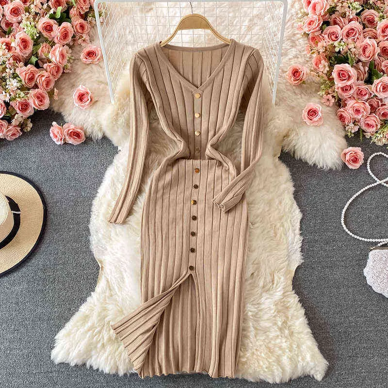Sonbahar Kış Mizaç İnce Streç V Yaka Örme Elbise Uzun Kollu Ince Bodycon Sıkı Yarık Uzun Kazak Elbise Ofis Lady Y1204