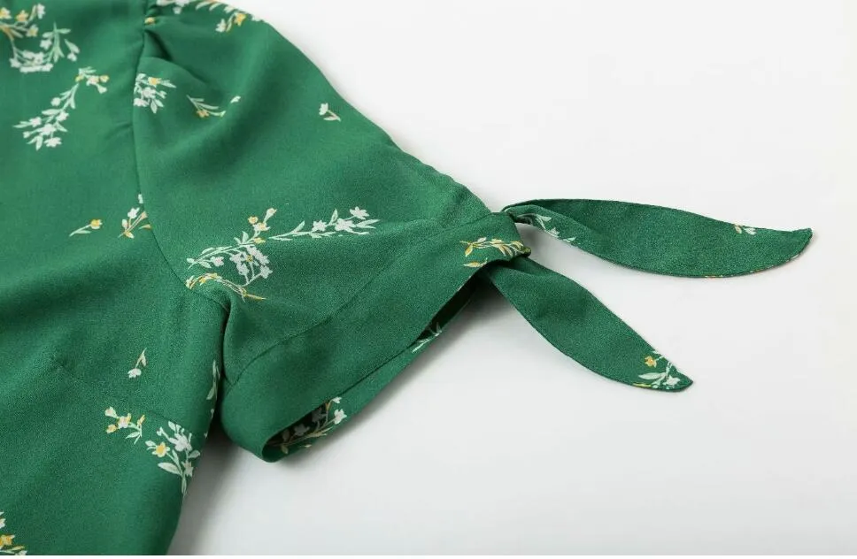 Vintage Francja Styl Z Krótkim Rękawem Wrap Koszula Moda Zielona Kwiatowa Drukuj Tie Łuk Talii Bluzka Kobiety Jednoczęściowe Topy 210429