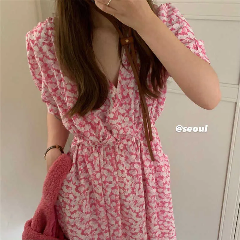 Pink Summer Dress Women Floral Print Slit Boho Long Puff Sleeve Ruffle Sundress 210529