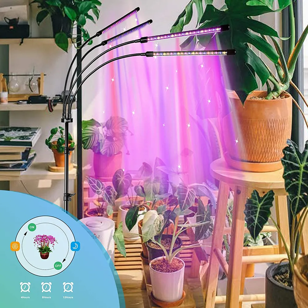 Светодиодные лампы для выращивания растений, 4 головки, комнатные растения, светильник полного спектра, штатив, регулируемая подставка, напольный таймер 4, 8, 12 часов с дистанционным управлением330z