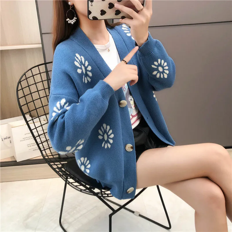 Weiche warme Herbst Winter Sweaterts Drucken Lila V-ausschnitt Koreanische Mode Strickjacken Lose Jacquard Sueter Mujer 18035 210415