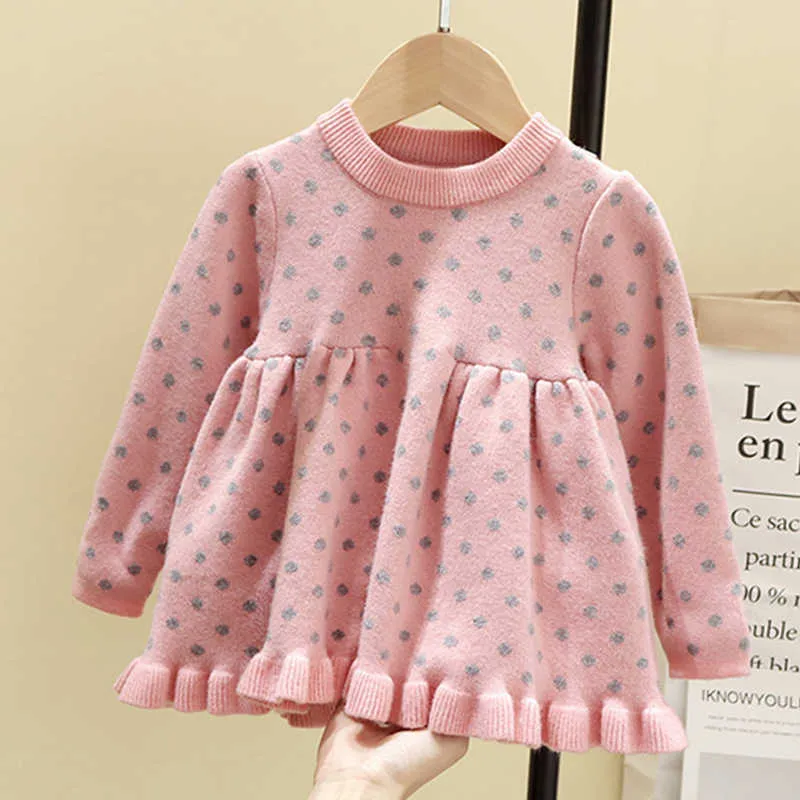 Bebek Kız Kış Giysileri Elbise Kazak Polka Dot Örgü Bebek ES 210528