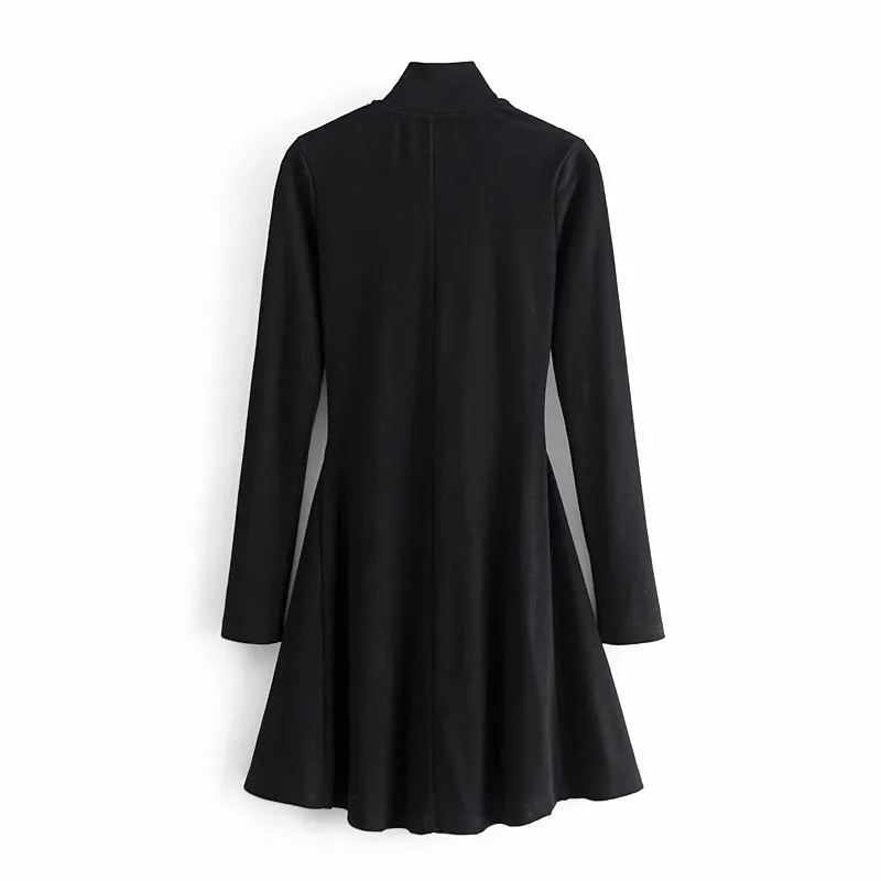 Vuwwyv Black Ribbed Zip Korta Klänningar För Kvinnor Vår Utgående Tröja Klänning Kvinna Långärmad Elastisk Slim Vestidos 210430