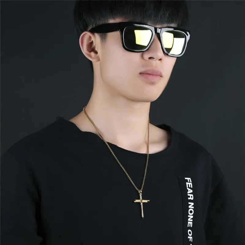 Mens Nail Cross Pendant Necklaces Fashion Stainless Steel Link Chain Necklace Black Rose Gold Silver Punk Style Hip Hop Jewelry fo309u
