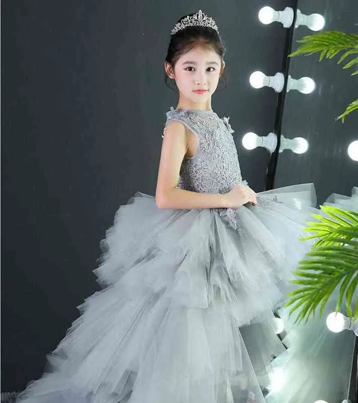 Çocuklar Elbiseler Kız Uzun Sonraki Balo Gri Tül Törenler Aplikler Dantel Yeni Çocuk Mezuniyet Elbise Genç Düğün Nedime Robe G1218