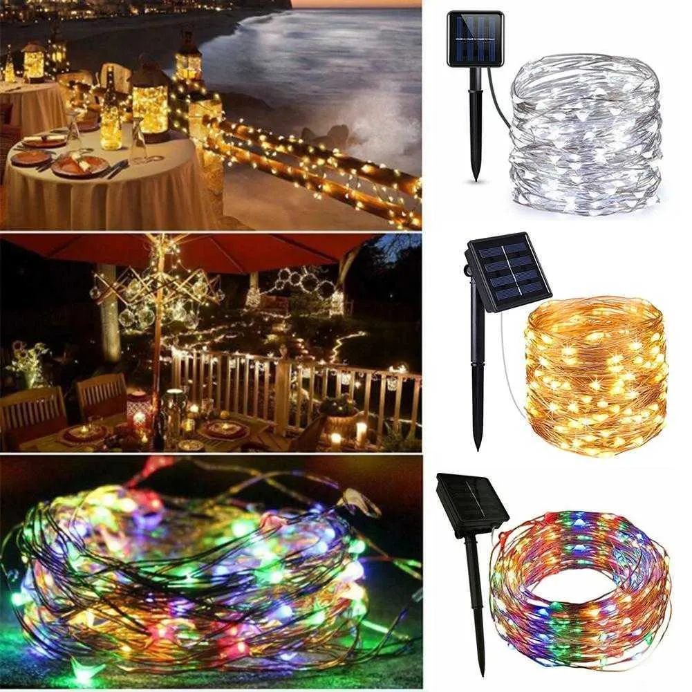 60/100 LED guirlande lumineuse solaire fée guirlande fil de cuivre guirlande lumineuse extérieure étanche guirlande de noël éclairage jardin décor Y0720