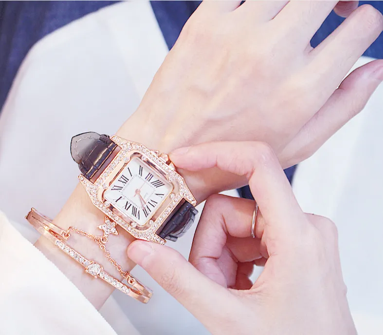 Простые модные брендовые часы cwp KEMANQI с квадратным циферблатом и бриллиантовым ободом, кожаный ремешок, женские часы, женские часы, кварцевые наручные часы268E289z