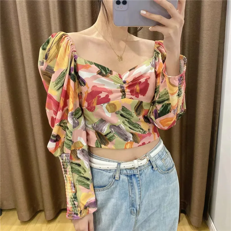 Moda Drukuj Crop Top Kobiety Sprężyna Elastyczny Wracać Puff Długim Rękawem Chic Kobieta Bluzka Plaża Backless Damska 210519