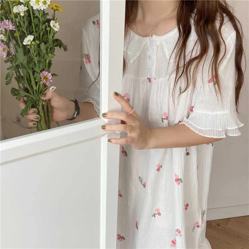 Hem Wear Princess Chiffon Kvinnor Chic Loose Cotton Sweet Sleepwear Girls Florals Printed Pajamas Nightdress 210525