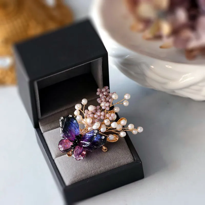 SINZRY joyería creativa esmalte mariposa perla natural hecho a mano elegante mujer broches pin