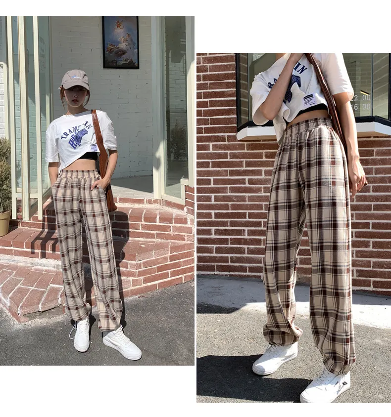 H.Sa Pantalon Wall Femme High Waist Plaid Harem Wiosna Lato Miękkie Długie Spodnie Koreański Harajuku Spodnie Ropa Mujer 210417