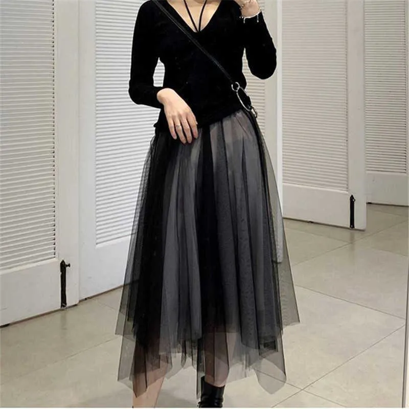 Gothic Black Tulle Patchwork Long Irregular Skirts Elastic High Waist A-Line Mesh Pleated Midi Skirts Vintage Punk Streetwear 210619