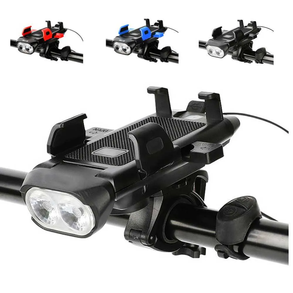 자동차 다기능 4 in 1 자전거 자전거 라이트 USB 충전식 LED 자전거 헤드 라이트 자전거 경적 전화 홀더 PowerBank 사이클링 빛
