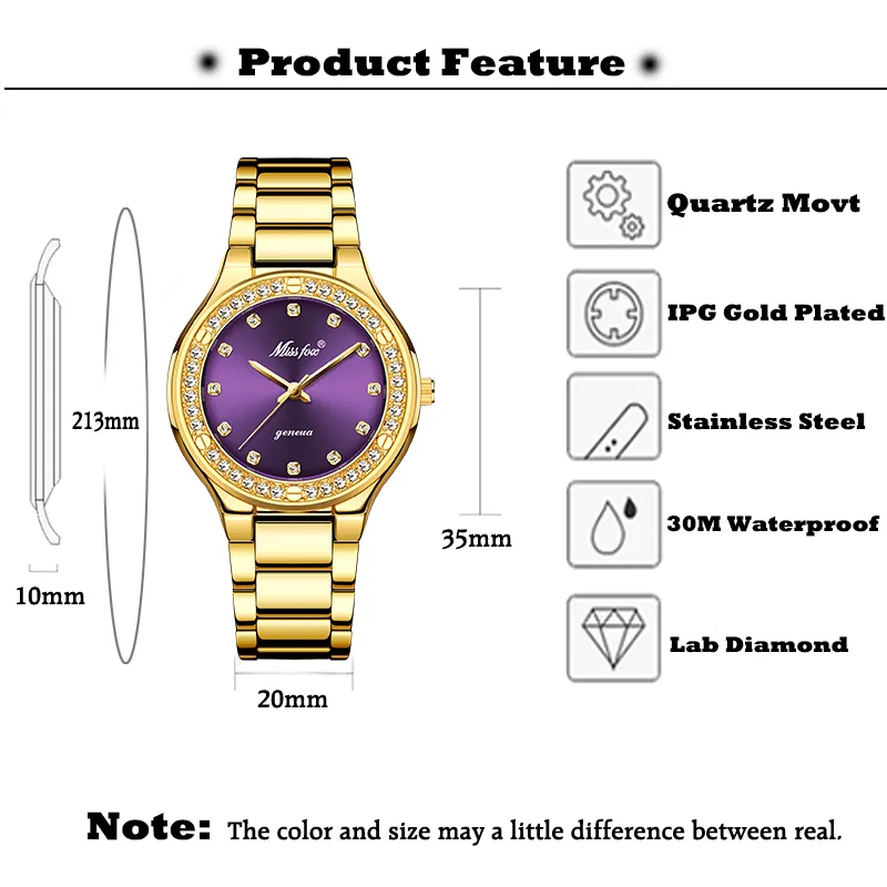 Drop 2020 Ind Diamond Наручные Часы для Женщин Сталь Два Тон Золото Женская Час Час Фиолетовый Кварцевый Наручный Час