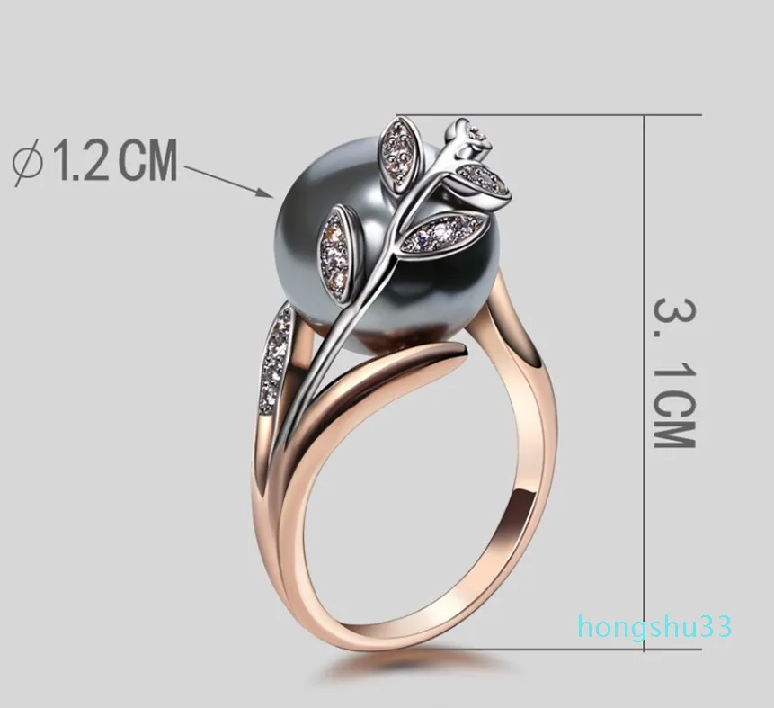 Trendy Rose Goud Kleur ring Grote Grijze Parel Dames Blad Trendy sieraden drop anel anillos aneis bagues femme statement jewe2829