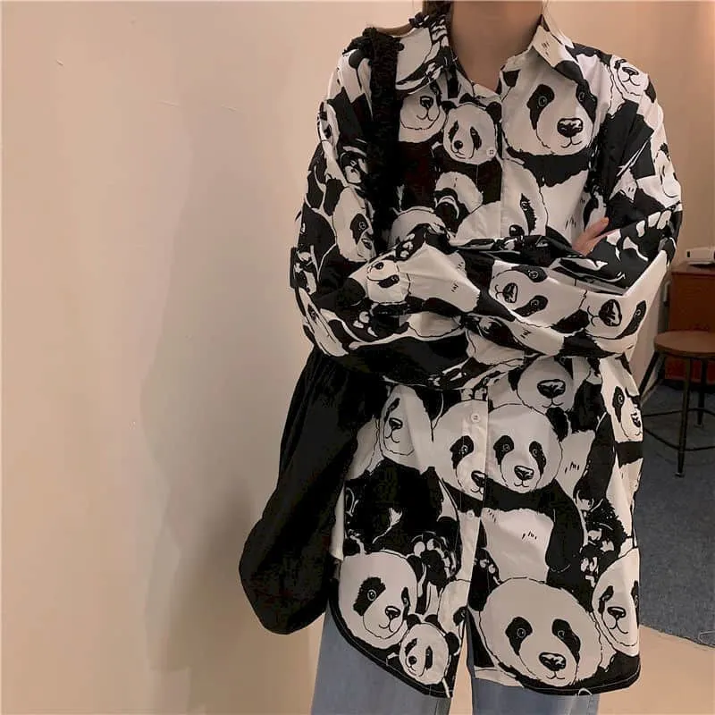 2021 Vårhöst Panda Skriv ut Vintage Långärmad Blusar Koreanska Hong Kong Stil Retro Kvinnor Knapp Upp Skjorta Harajuku Fashion X0521