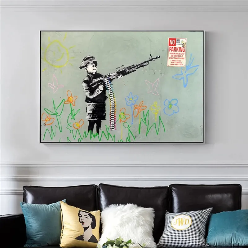 Graffiti art banksy tela dipingendo bambini pipì pioggia colorato poster astratti e stampe immagini d'arte da parete soggiorno casa 9580722