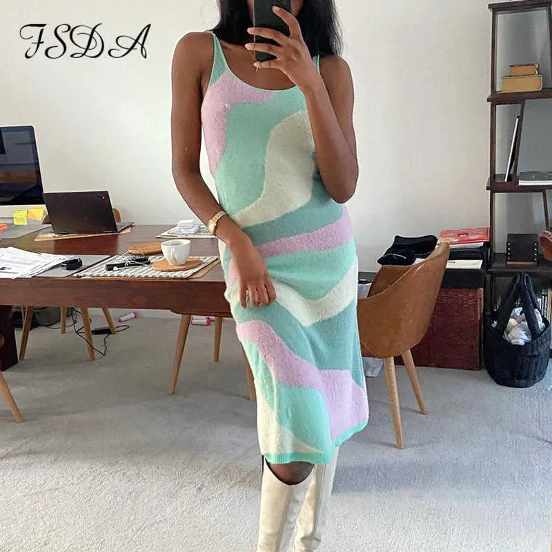 FSDA 2021 Summer Knit Midi Bodycon Dress Women Sleeveless Y2K Hollow Out Sexy Green Beach Spaghetti Strap Dresses Backless Y0603