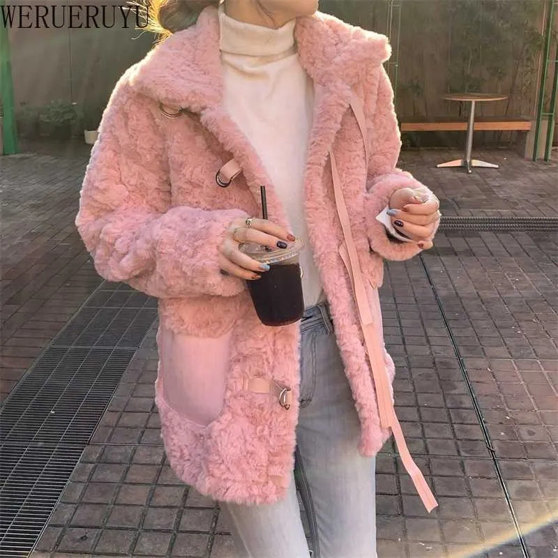 WERUERUYU Moda streetwear cappotto lungo femminile peluche Rosa casual capispalla autunno Cappotto invernale caldo donna 210608