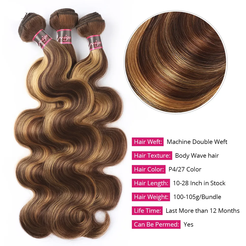 Brazilian Ombre 3 Bundles Body Wave Human Hair P4/27 Brown with Highlight Color Remy Weaves 100g/pcs