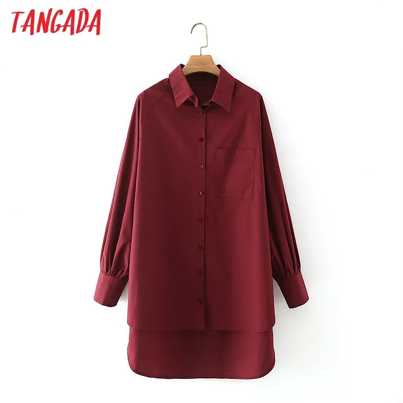 Moda mujer sólido vino rojo camisa manga larga señoras suelta Mini vestido Vestidos 5X46 210416