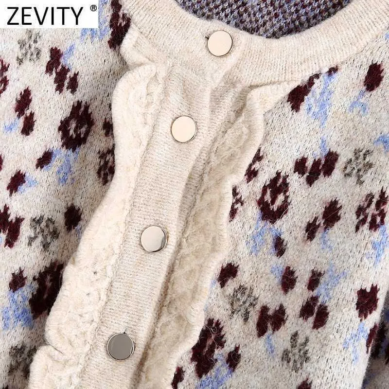 Zevity Women Fashion O Neck Lantern Sleeve Leopard Print Casual Short Knitting Sweater Femme Chic Ruffles Cardigan Tops S523 210603
